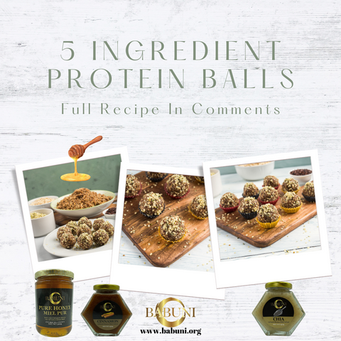 5 ingredient protein ball with BABUNI local Canadian honey & olive oil!