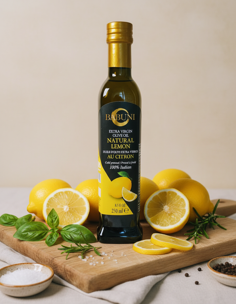 BABUNI Natural Lemon EVOO with French text and props