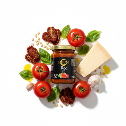 BABUNI Red Pesto with Italian props