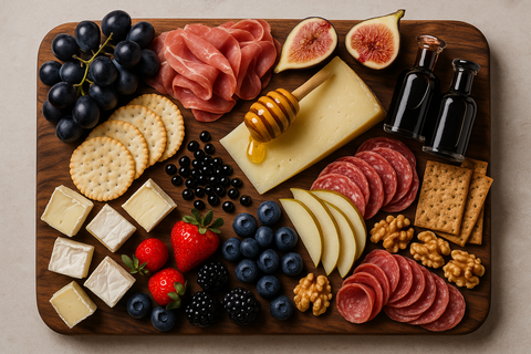 chatcuterie board with balsamic pearls, truffle honey, balsamic vinegars, local fruits 