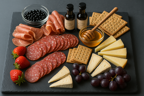 corporate charcuterie board with balsamic pearls, honey, vinegars